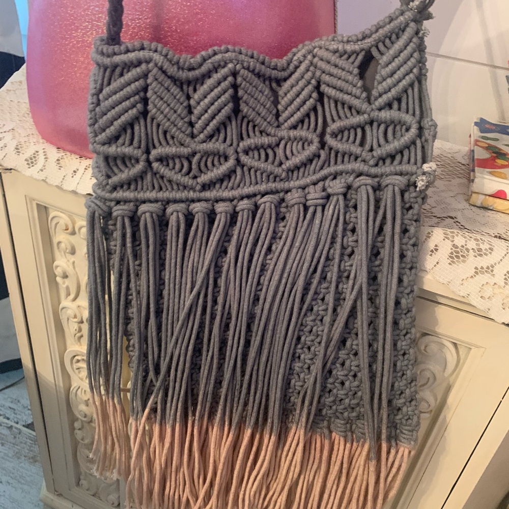Earthbound trading company macrame crossbody bag gray in color